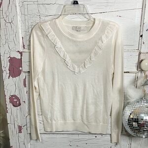 LOFT Cream Knit Sweater Crew Neck with Elegant Swiss Dot Sheer Ruffle Front Med